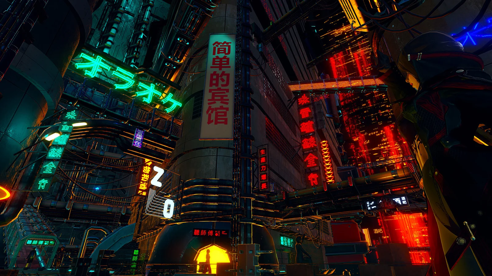 夜色中层叠的霓虹招牌与城市街道